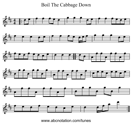 Boil The Cabbage Down - staff notation