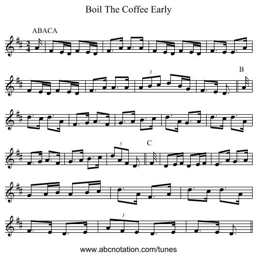 Boil The Coffee Early - staff notation