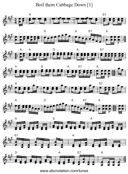 Boil them Cabbage Down [1] - staff notation