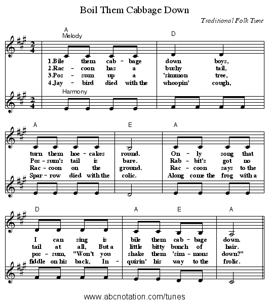 Boil Them Cabbage Down - staff notation
