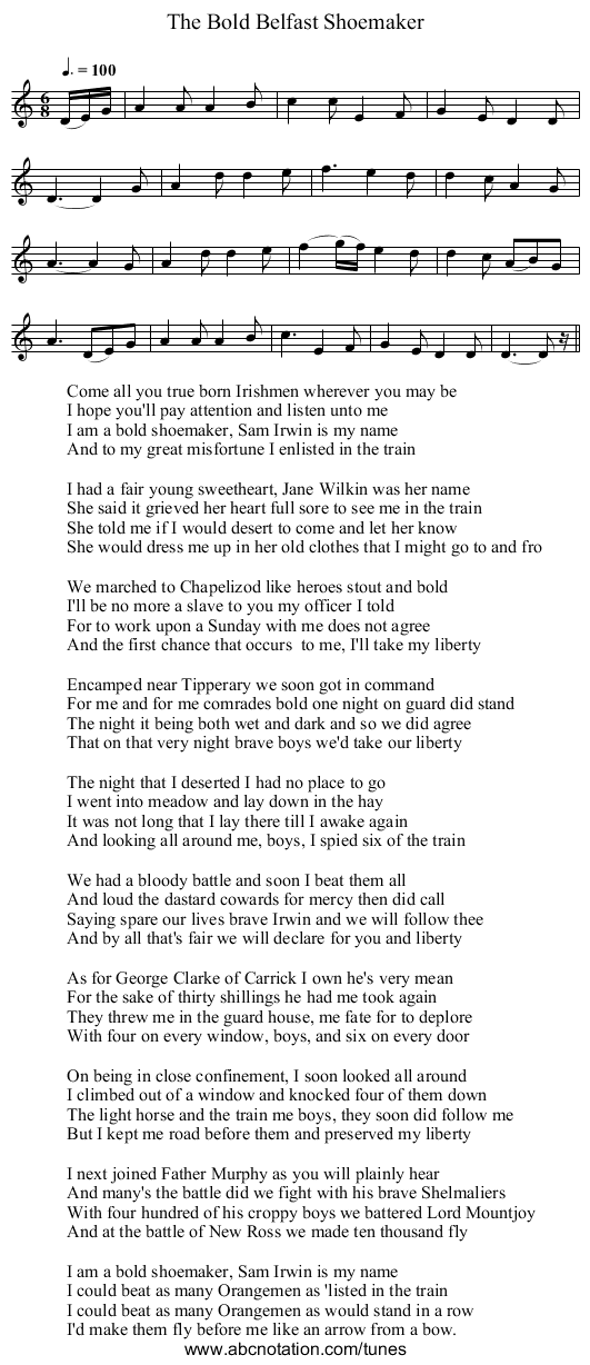 Bold Belfast Shoemaker, The - staff notation