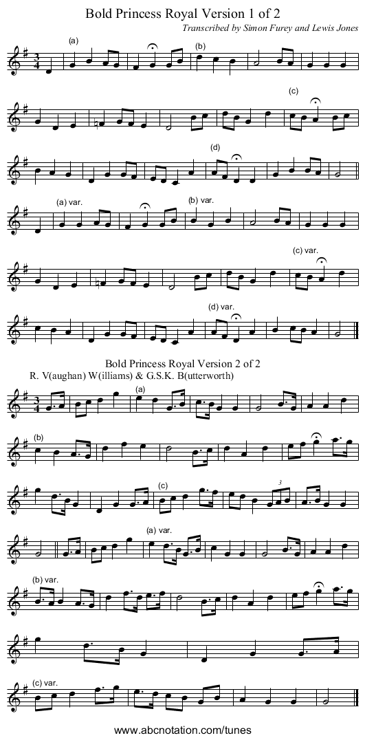 Bold Princess Royal Version 1 of 2 - staff notation