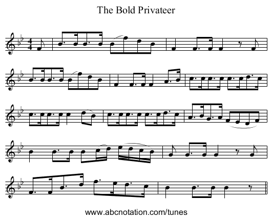 Bold Privateer, The - staff notation