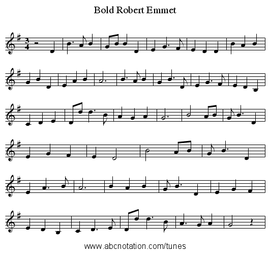 Bold Robert Emmet - staff notation
