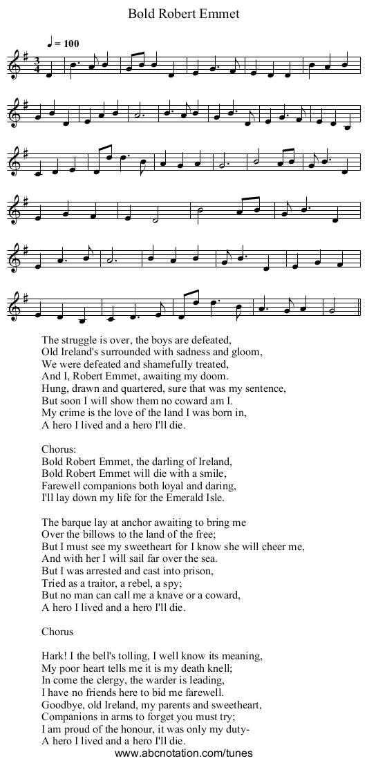 Bold Robert Emmet - staff notation