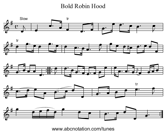 Bold Robin Hood - staff notation