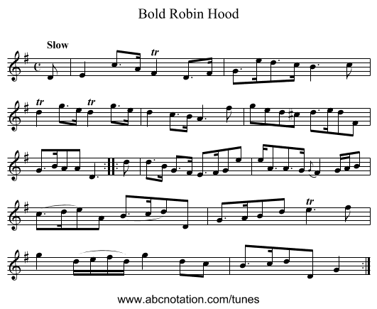 Bold Robin Hood - staff notation
