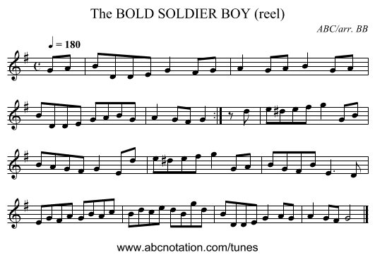 BOLD SOLDIER BOY (reel), The - staff notation