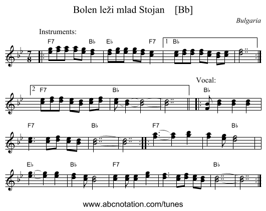 Bolen le&zcaron;i mlad Stojan    [Bb] - staff notation