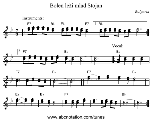 Bolen le&zcaron;i mlad Stojan - staff notation
