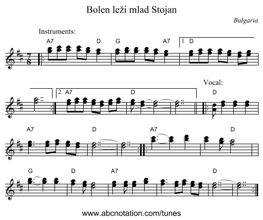 Bolen le&zcaron;i mlad Stojan - staff notation