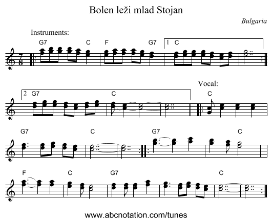 Bolen leži mlad Stojan - staff notation
