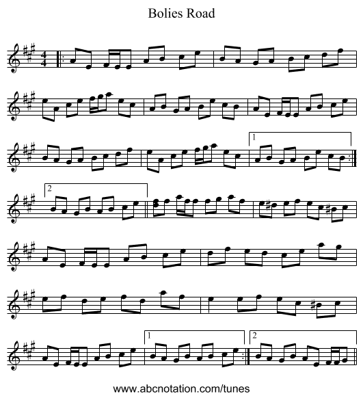 Bolies Road - staff notation