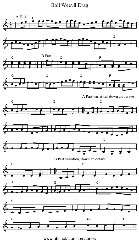 Boll Weevil Drag - staff notation