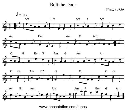 Bolt the Door - staff notation