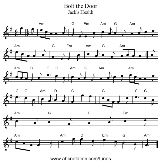 Bolt the Door - staff notation
