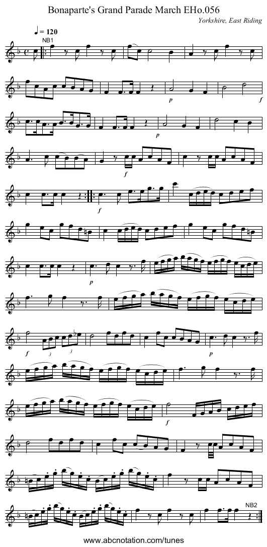 Bonaparte's Grand Parade March EHo.056 - staff notation