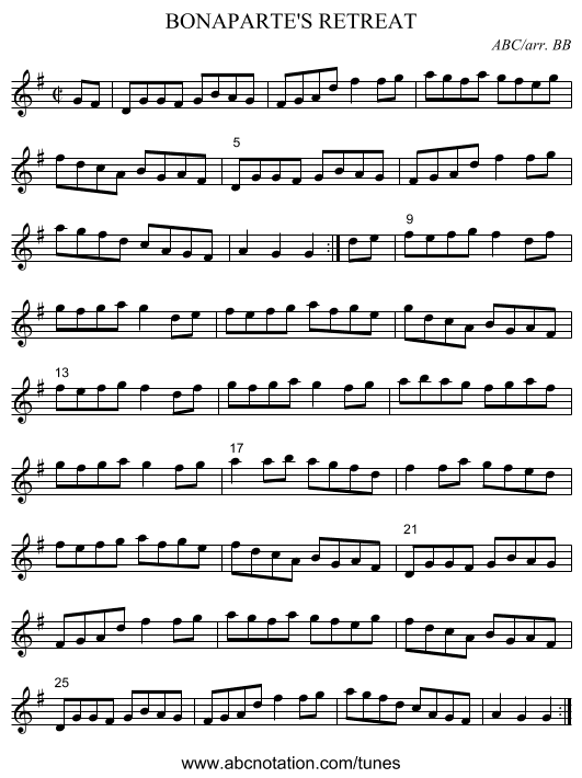 BONAPARTE'S RETREAT - staff notation