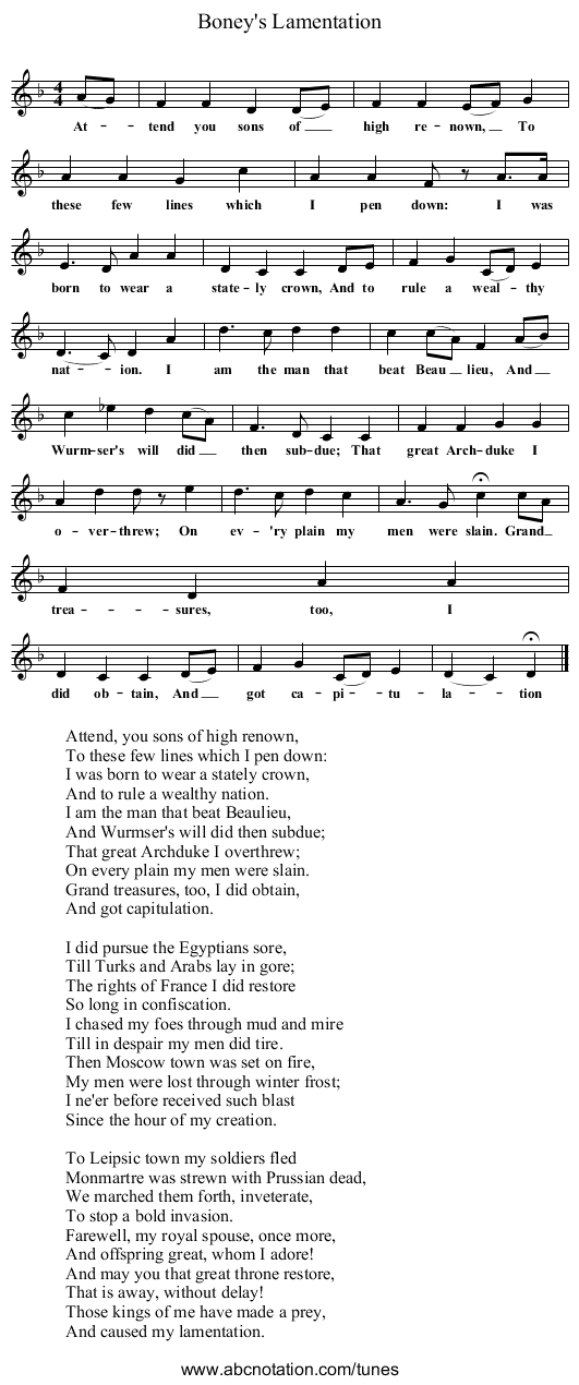 Boney's Lamentation - staff notation