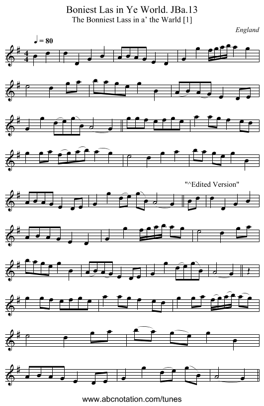 Boniest Las in Ye World. JBa.13 - staff notation