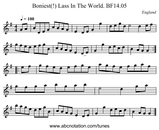 Boniest(!) Lass In The World. BF14.05 - staff notation