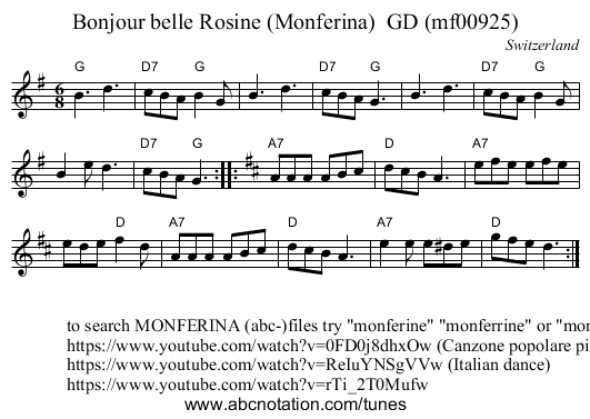 Bonjour belle Rosine (Monferina) GD (mf00925) - staff notation
