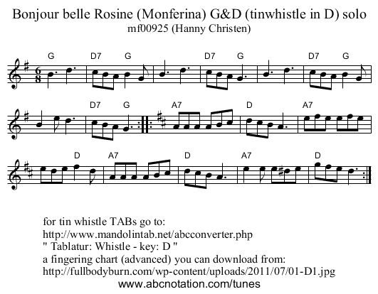 Bonjour belle Rosine (Monferina) G&D (tinwhistle in D) solo - staff notation
