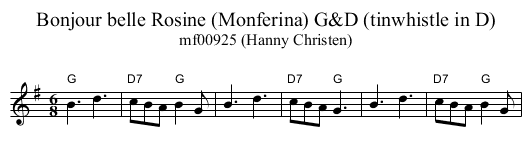 Bonjour belle Rosine (Monferina) G&D (tinwhistle in D) - staff notation