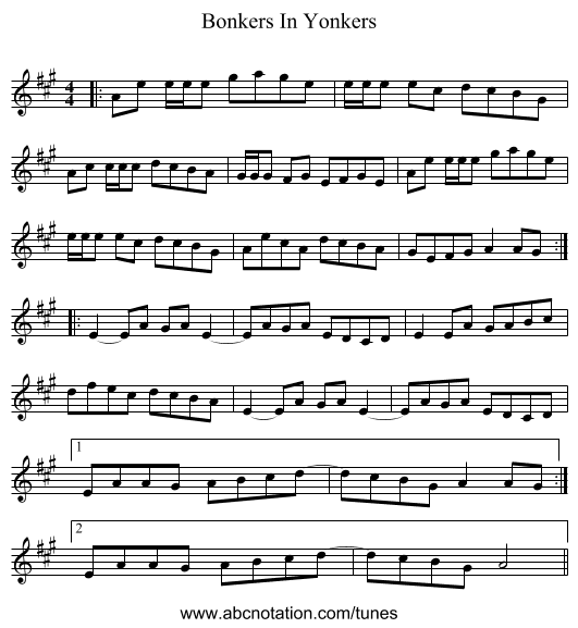 Bonkers In Yonkers - staff notation