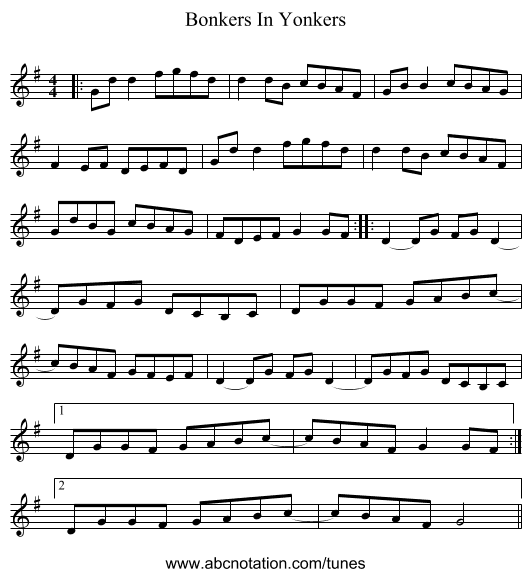 Bonkers In Yonkers - staff notation