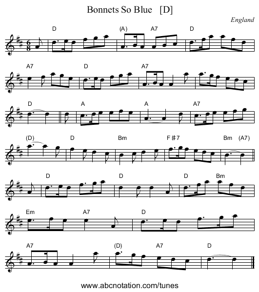 Bonnets So Blue   [D] - staff notation