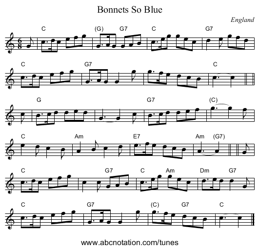 Bonnets So Blue - staff notation