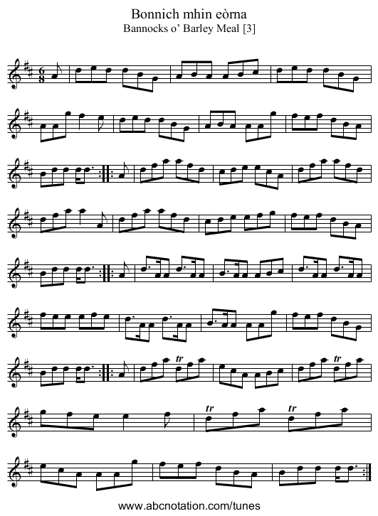 Bonnich mhin eòrna - staff notation