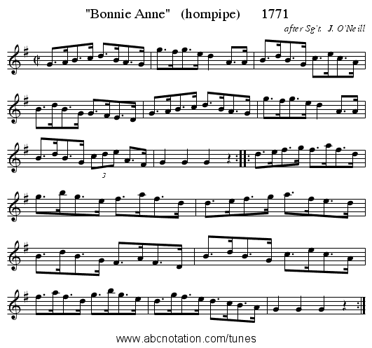 Bonnie Anne   (hornpipe)      1771 - staff notation