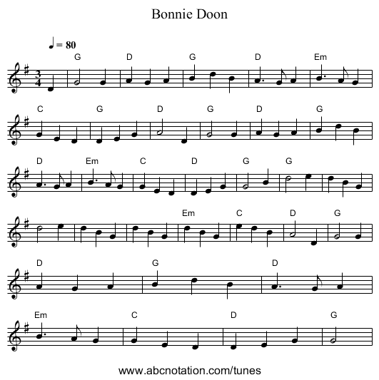 Bonnie Doon - staff notation
