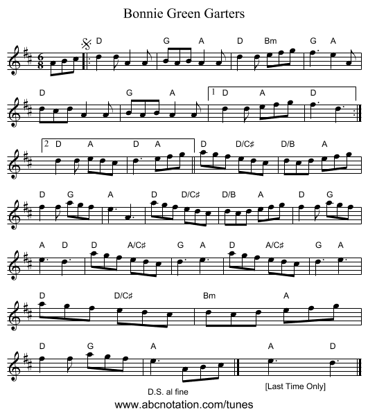 Bonnie Green Garters - staff notation