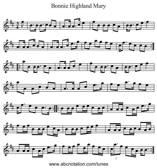 Bonnie Highland Mary - staff notation