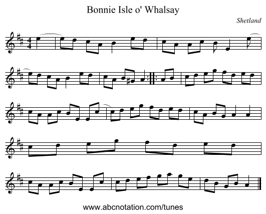 Bonnie Isle o' Whalsay - staff notation