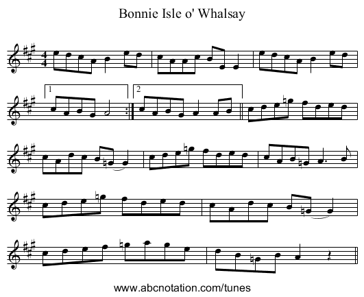 Bonnie Isle o' Whalsay - staff notation