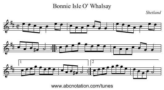 Bonnie Isle O' Whalsay - staff notation