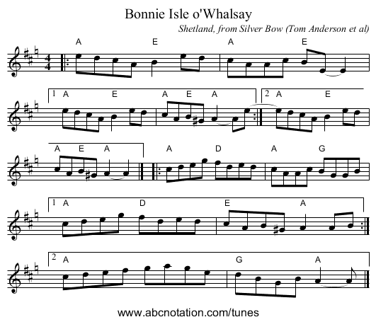 Bonnie Isle o'Whalsay - staff notation
