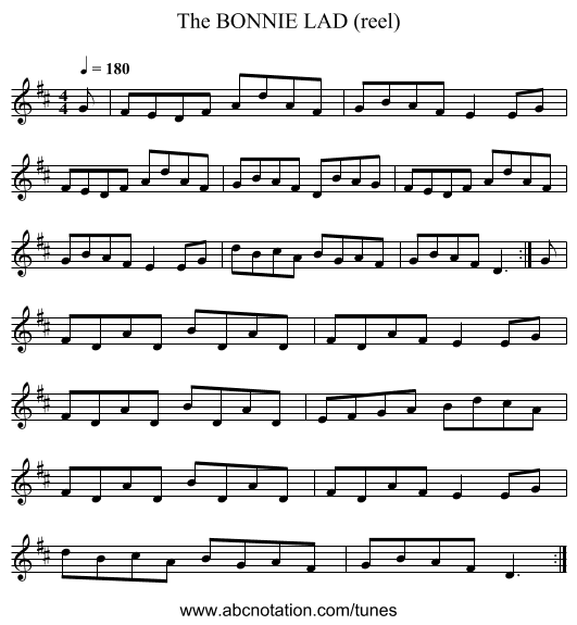 BONNIE LAD (reel), The - staff notation