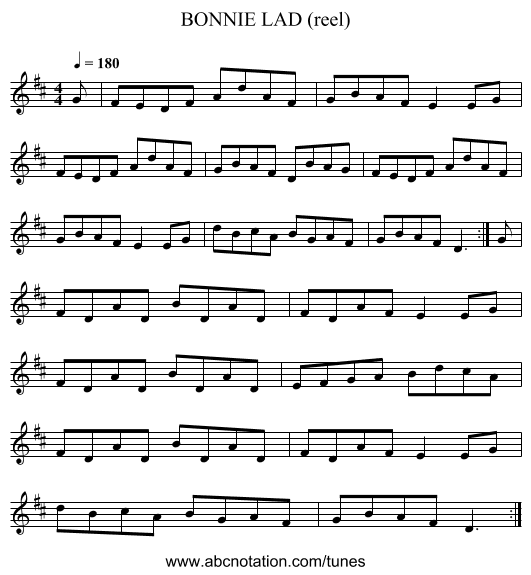 BONNIE LAD (reel) - staff notation