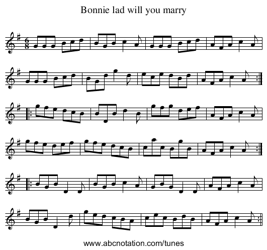 Bonnie lad will you marry - staff notation