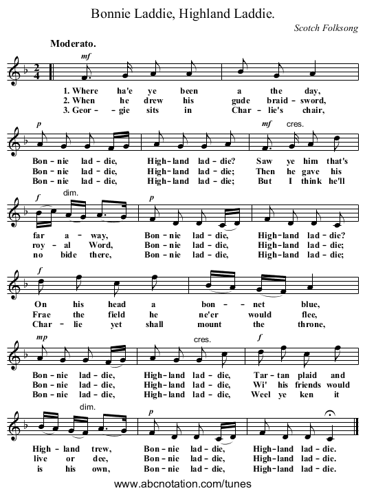 Bonnie Laddie, Highland Laddie. - staff notation