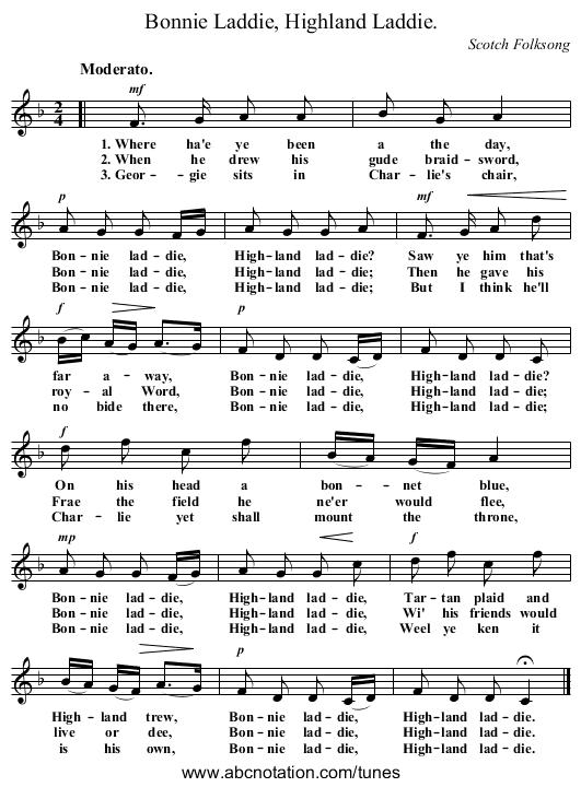 Bonnie Laddie, Highland Laddie. - staff notation