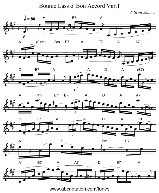 Bonnie Lass o' Bon Accord Var.1 - staff notation