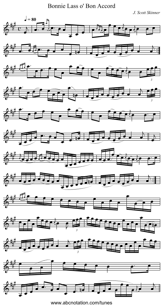 Bonnie Lass o' Bon Accord - staff notation