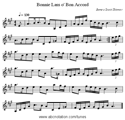 Bonnie Lass o' Bon Accord - staff notation