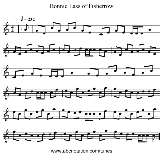 Bonnie Lass of Fisherrow - staff notation